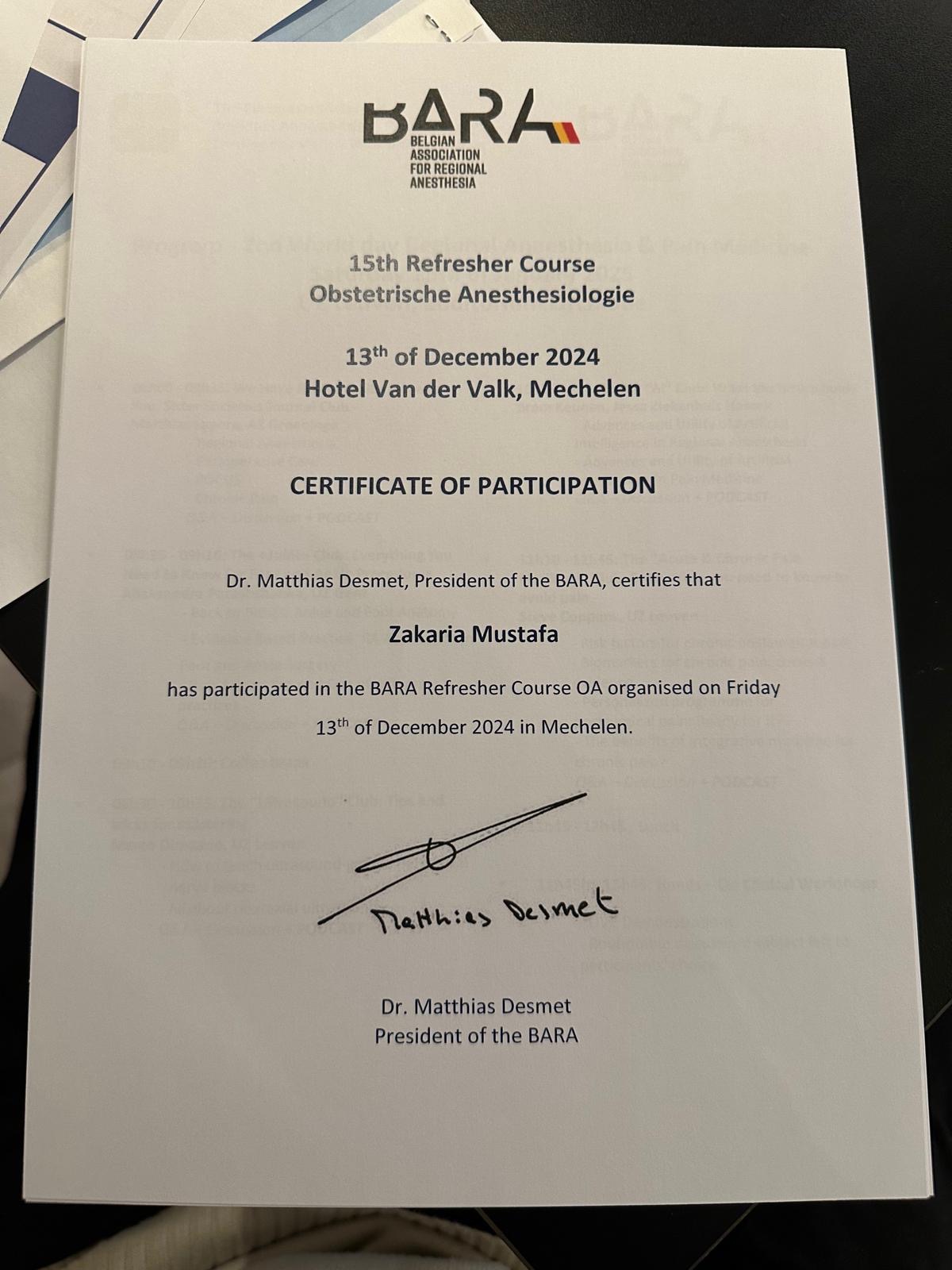 Certificaat — 15e Refresher Course Obstetrische Anesthesiologie